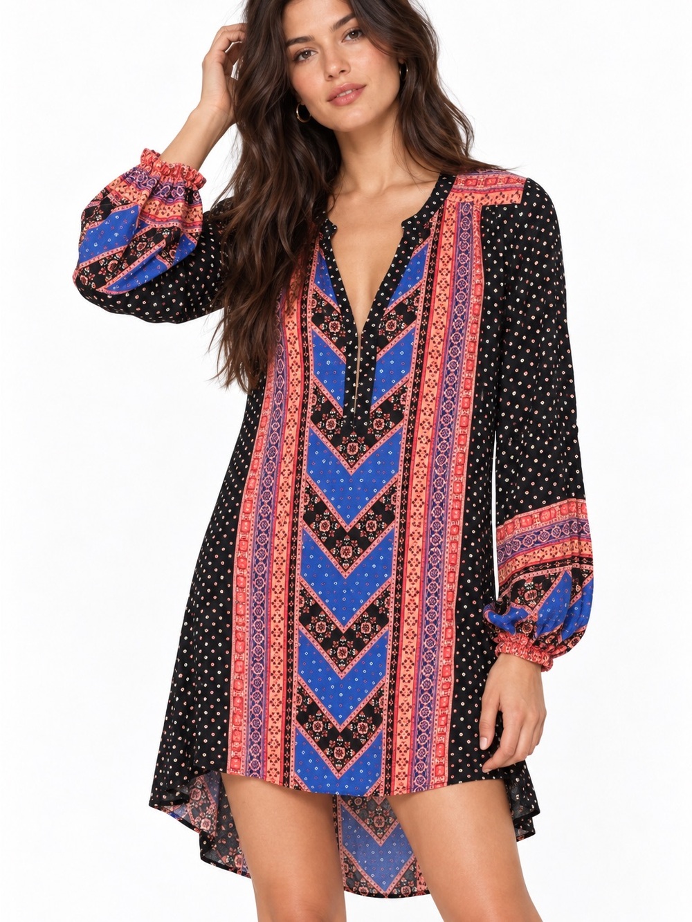 Free People Black, Blue & Coral Mixed-Print V-Neck Shirt Dress Boho Sz Small